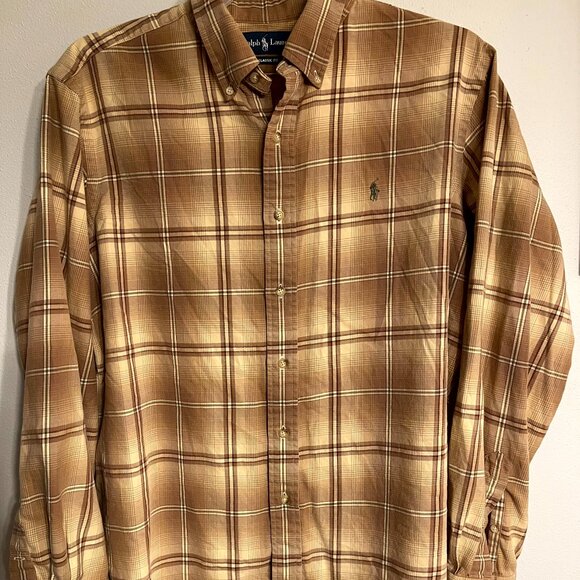 Ralph Lauren Polo Men's Classic Fit Button Up Tan Plaid Shirt Size XL Green Pony - Picture 1 of 8